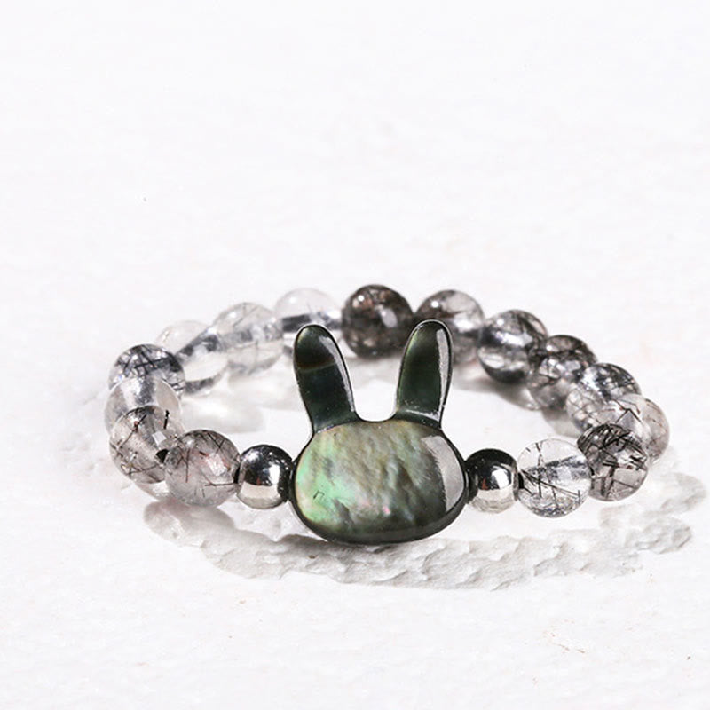 Buddha Stones 3 mm zwarte rutielkwarts Tridacna steen konijn kat Ring - Konijn (63 mm elastisch koord) - image 0