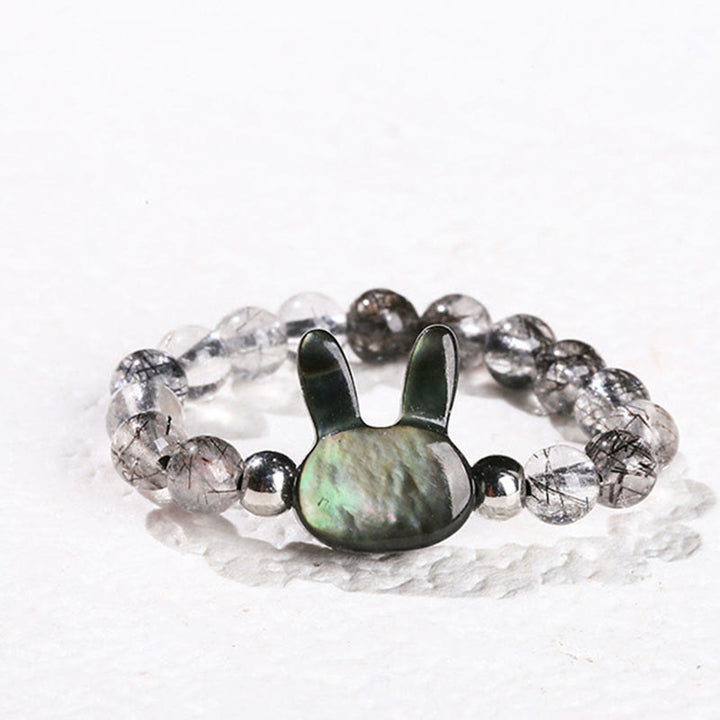 Buddha Stones 3 mm zwarte rutielkwarts Tridacna steen konijn kat Ring - Konijn (63 mm elastisch koord) - image 0