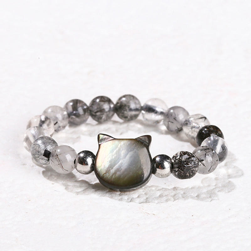 Buddha Stones 3 mm zwarte rutielkwarts Tridacna steen konijn kat Ring - Kat (elastisch koord van 63 mm) - image 10