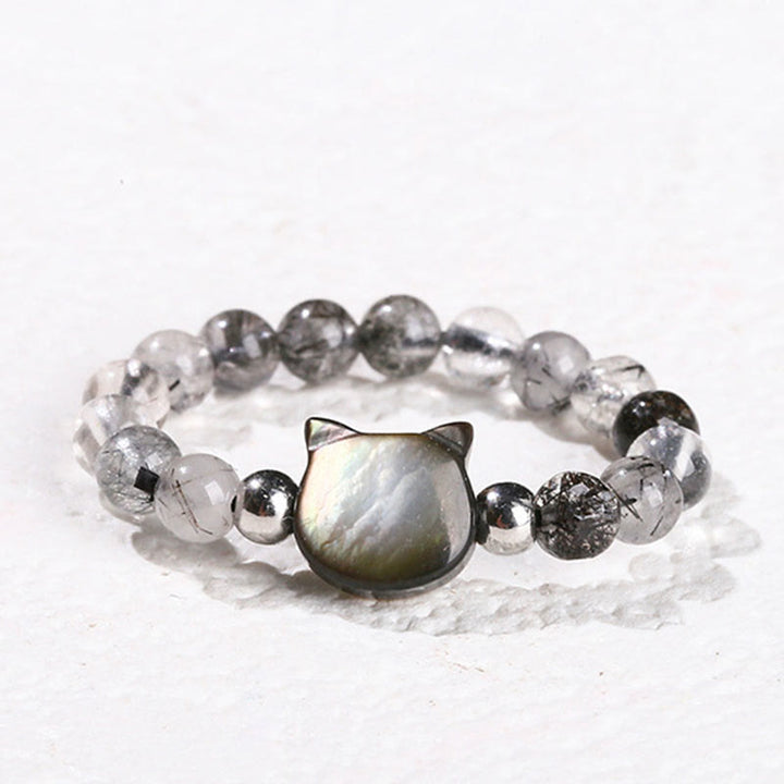 Buddha Stones 3 mm zwarte rutielkwarts Tridacna steen konijn kat Ring - Kat (elastisch koord van 63 mm) - image 10