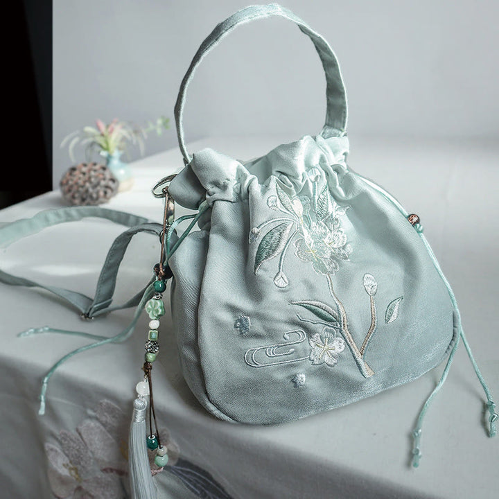 Buddha Stones Geborduurde groene bloemenblaadjes canvas draagtas, Schoudertas (crossbody), Schoudertas, Handtas - Groene bloem 20*20cm - image 0