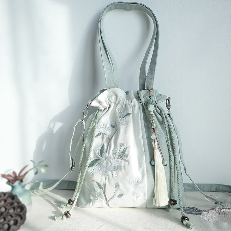 Buddha Stones Geborduurde groene, peer- en blauwe Epiphyllum canvas Schoudertas (crossbody), Schoudertas, Handtas - Groen-witte peer 28*30cm - image 0