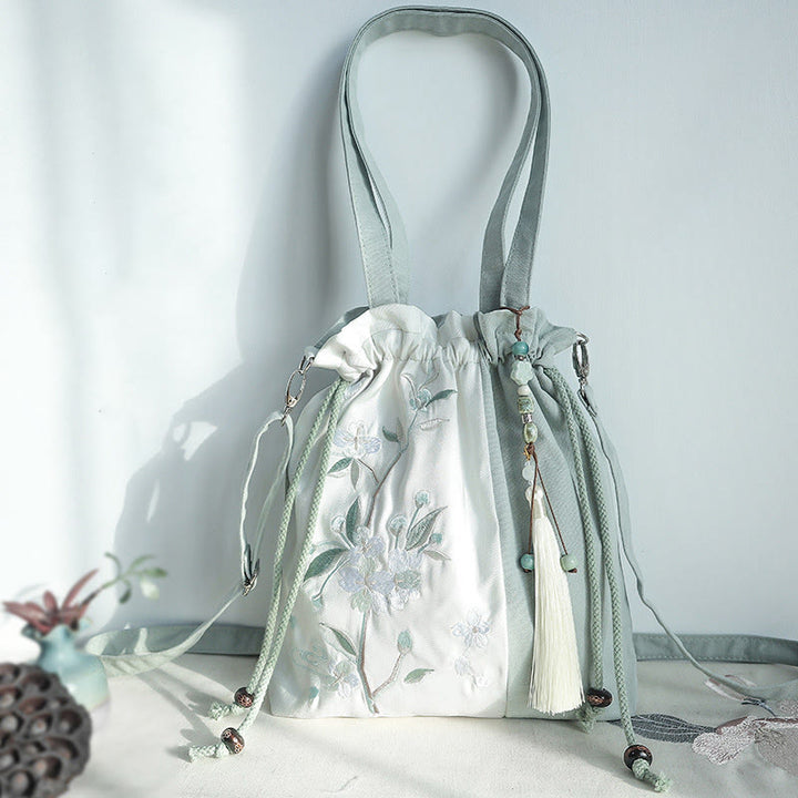 Buddha Stones Geborduurde groene, peer- en blauwe Epiphyllum canvas Schoudertas (crossbody), Schoudertas, Handtas - Groen-witte peer 28*30cm - image 0