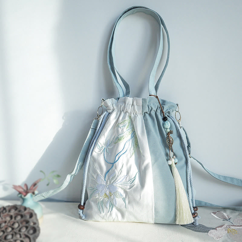 Buddha Stones Geborduurde groene, peer- en blauwe Epiphyllum canvas Schoudertas (crossbody), Schoudertas, Handtas - Blauw-witte Epiphyllum 28*30cm - image 2