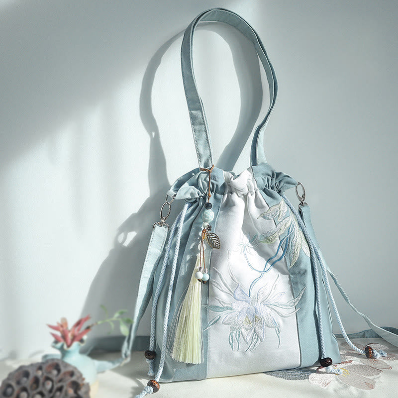 Buddha Stones Geborduurde groene, peer- en blauwe Epiphyllum canvas Schoudertas (crossbody), Schoudertas, Handtas - Blauw-witte Epiphyllum patchwork 28*30cm - image 5