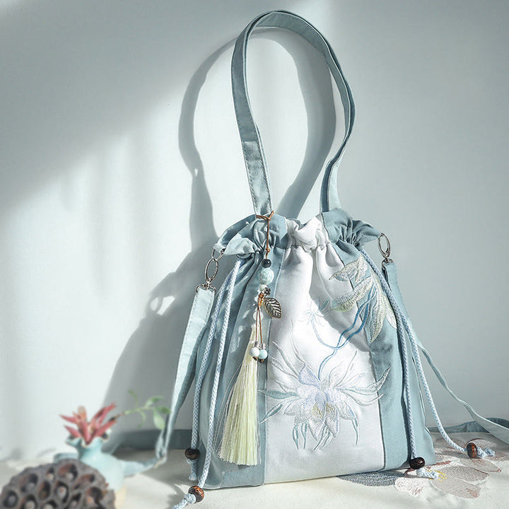 Buddha Stones Geborduurde groene, peer- en blauwe Epiphyllum canvas Schoudertas (crossbody), Schoudertas, Handtas - Blauw-witte Epiphyllum patchwork 28*30cm - image 5