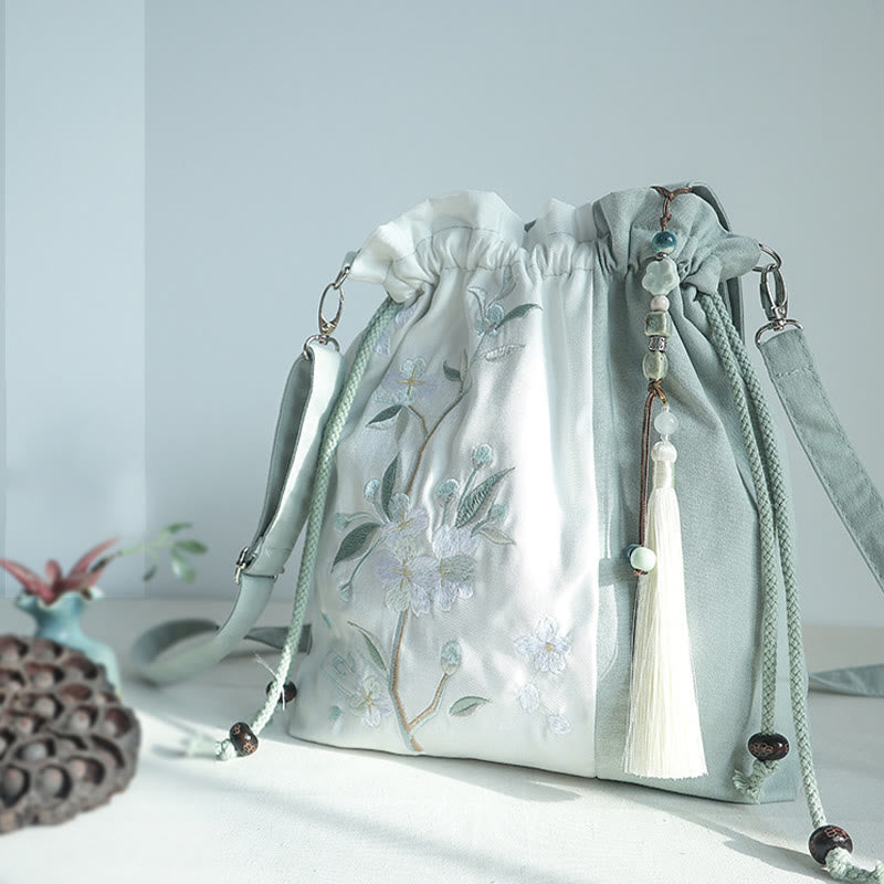 Buddha Stones Geborduurde groene, peer- en blauwe Epiphyllum canvas Schoudertas (crossbody), Schoudertas, Handtas - image 1