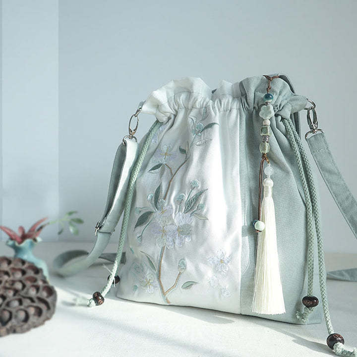 Buddha Stones Geborduurde groene, peer- en blauwe Epiphyllum canvas Schoudertas (crossbody), Schoudertas, Handtas - image 1