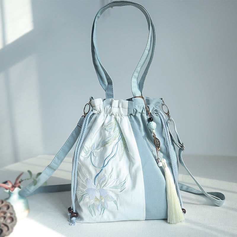 Buddha Stones Geborduurde groene, peer- en blauwe Epiphyllum canvas Schoudertas (crossbody), Schoudertas, Handtas - image 3