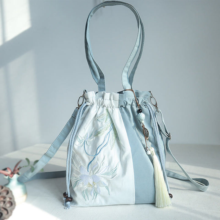 Buddha Stones Geborduurde groene, peer- en blauwe Epiphyllum canvas Schoudertas (crossbody), Schoudertas, Handtas - image 3