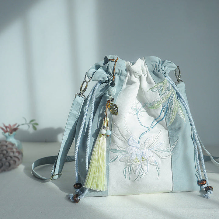 Buddha Stones Geborduurde groene, peer- en blauwe Epiphyllum canvas Schoudertas (crossbody), Schoudertas, Handtas - image 6