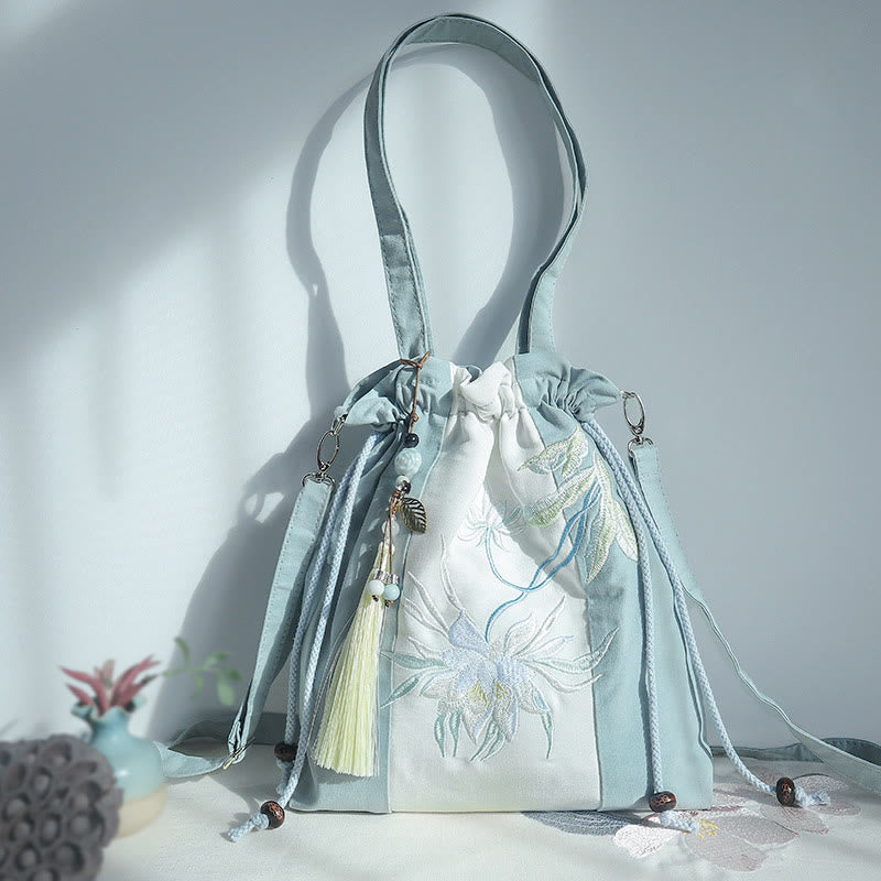 Buddha Stones Geborduurde groene, peer- en blauwe Epiphyllum canvas Schoudertas (crossbody), Schoudertas, Handtas - image 7