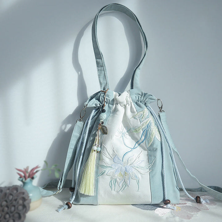 Buddha Stones Geborduurde groene, peer- en blauwe Epiphyllum canvas Schoudertas (crossbody), Schoudertas, Handtas - image 7