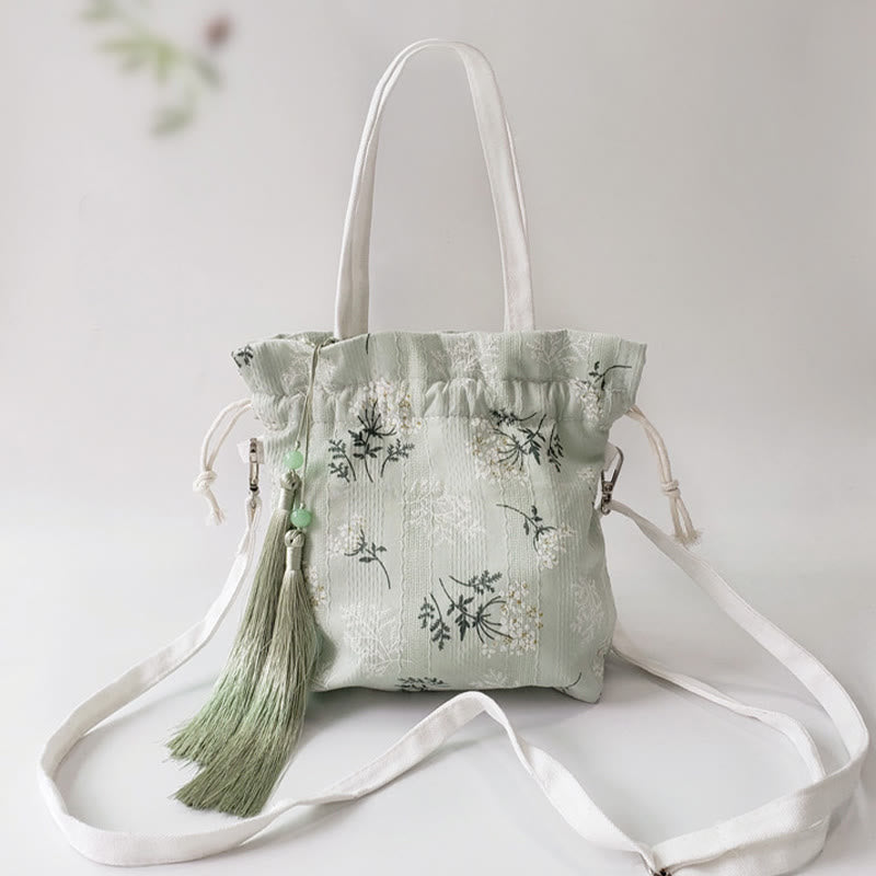 Buddha Stones Canvas draagtas met witte bloemen en groene bladeren, Schoudertas (crossbody), Schoudertas, Handtas - Groen 23*29cm - image 0