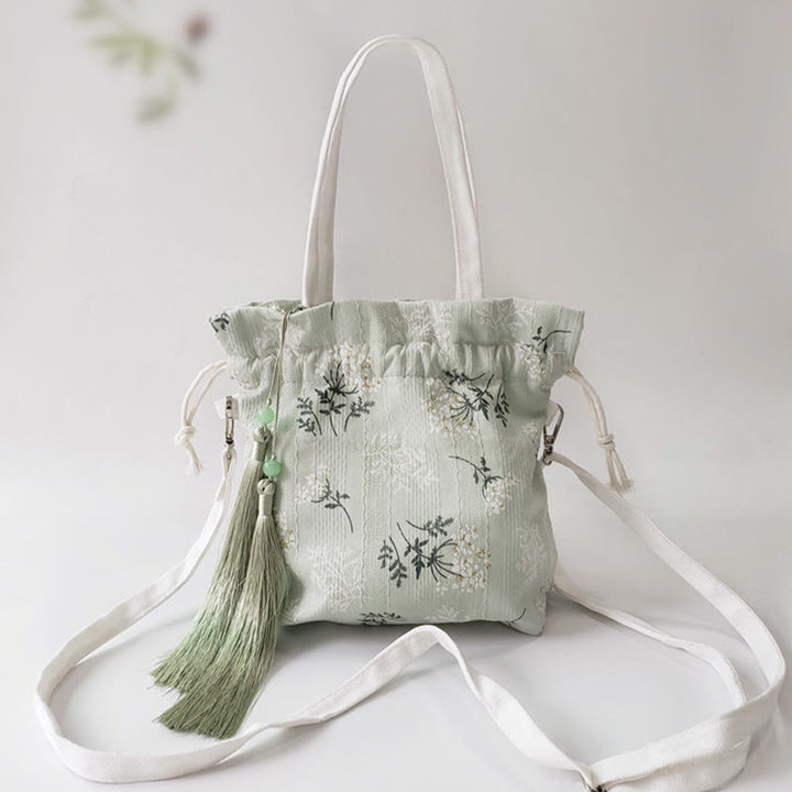 Buddha Stones Canvas draagtas met witte bloemen en groene bladeren, Schoudertas (crossbody), Schoudertas, Handtas - Groen 23*29cm - image 0