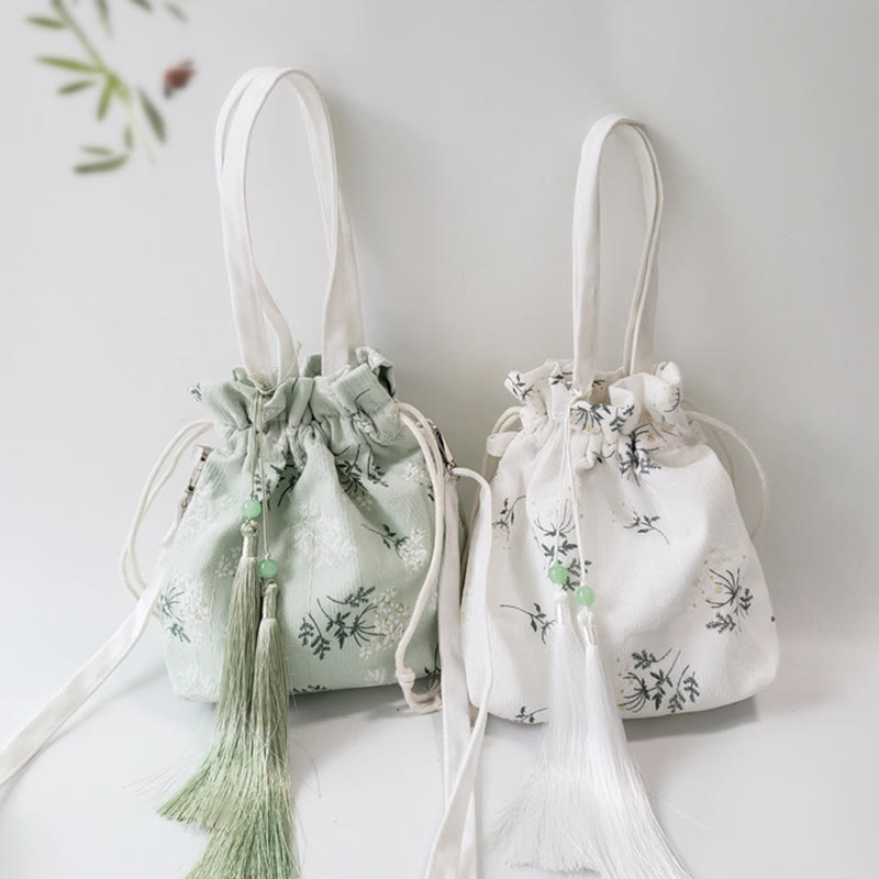 Buddha Stones Canvas draagtas met witte bloemen en groene bladeren, Schoudertas (crossbody), Schoudertas, Handtas - image 1
