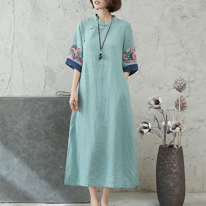 Buddha Stones Midi jurk voor dames met geborduurde kikkerknopen en korte Mouwlengte - Middelgroot Turkoois - US14, UK/AU18, EU46 (4XL) - image 5