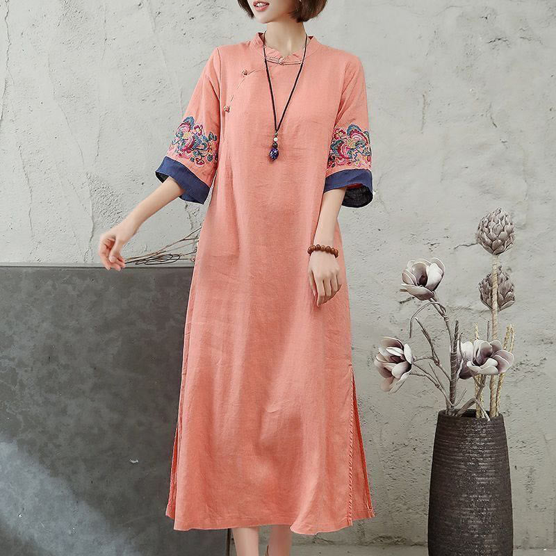 Buddha Stones Midi jurk voor dames met geborduurde kikkerknopen en korte Mouwlengte - Lichte zalm - US14, UK/AU18, EU46 (4XL) - image 0