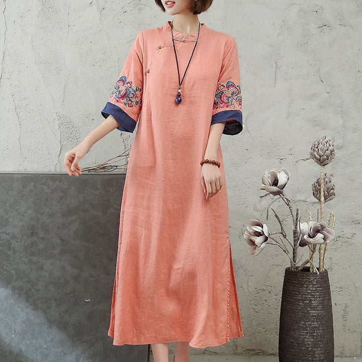 Buddha Stones Midi jurk voor dames met geborduurde kikkerknopen en korte Mouwlengte - Lichte zalm - US14, UK/AU18, EU46 (4XL) - image 0