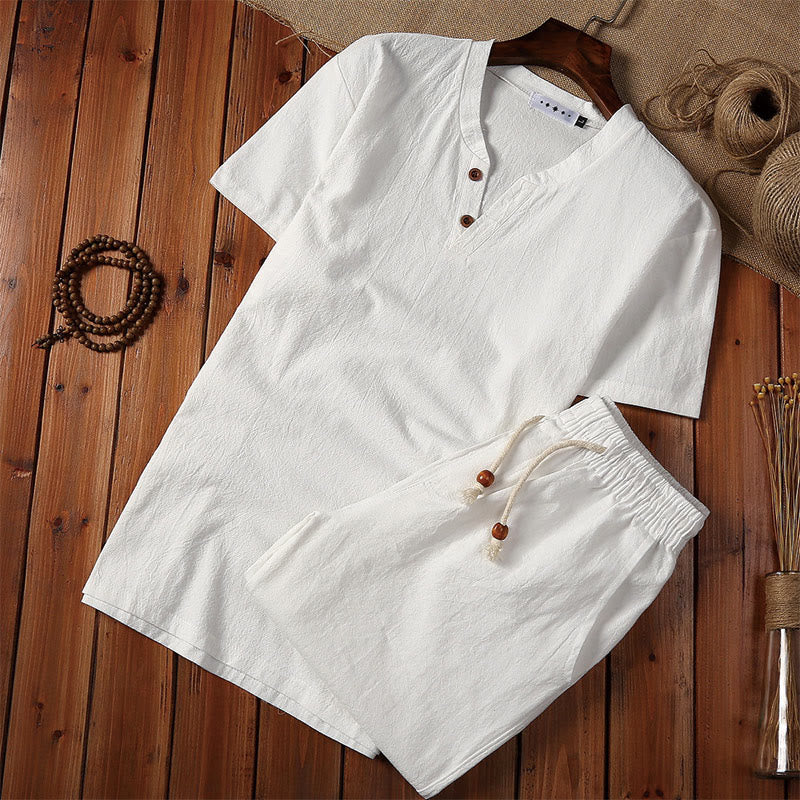 Buddha Stones 2-delige set bestaande uit een effen T-shirt met reverskraag, Korte mouw en shorts met Zakken , gemaakt van katoen en linnen, geschikt voor meditatie. - Wit - US/UK/AU44, EU54 (5XL) - image 1