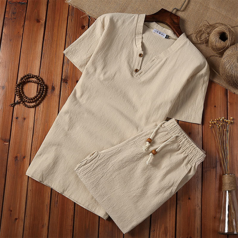 Buddha Stones 2-delige set bestaande uit een effen T-shirt met reverskraag, Korte mouw en shorts met Zakken , gemaakt van katoen en linnen, geschikt voor meditatie. - Khaki - US/UK/AU44, EU54 (5XL) - image 0