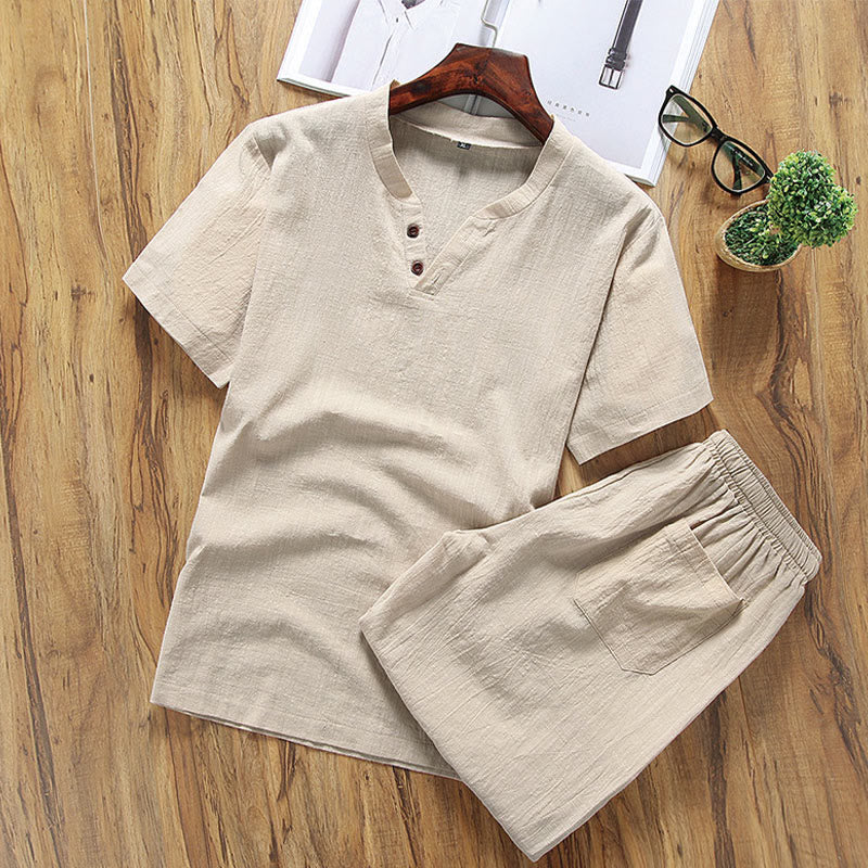 Buddha Stones Casual 2-delige set bestaande uit een T-shirt met effen Mouwlengte en een short met Zakken , geschikt voor meditatie. - Lichtgoudenroede - US/UK/AU46, EU56 (5XL) - image 0