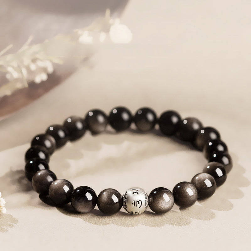 Buddha Stones Natuurlijke zilverglans obsidiaan Om Mani Padme Hum Armband - 6mm - image 0