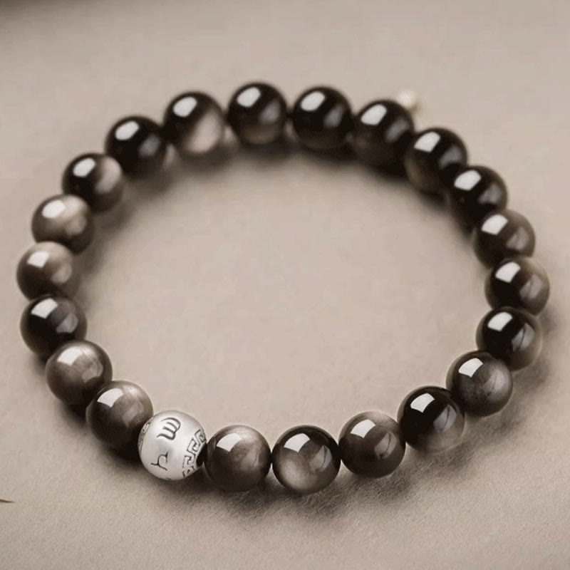 Buddha Stones Natuurlijke zilverglans obsidiaan Om Mani Padme Hum Armband - image 2
