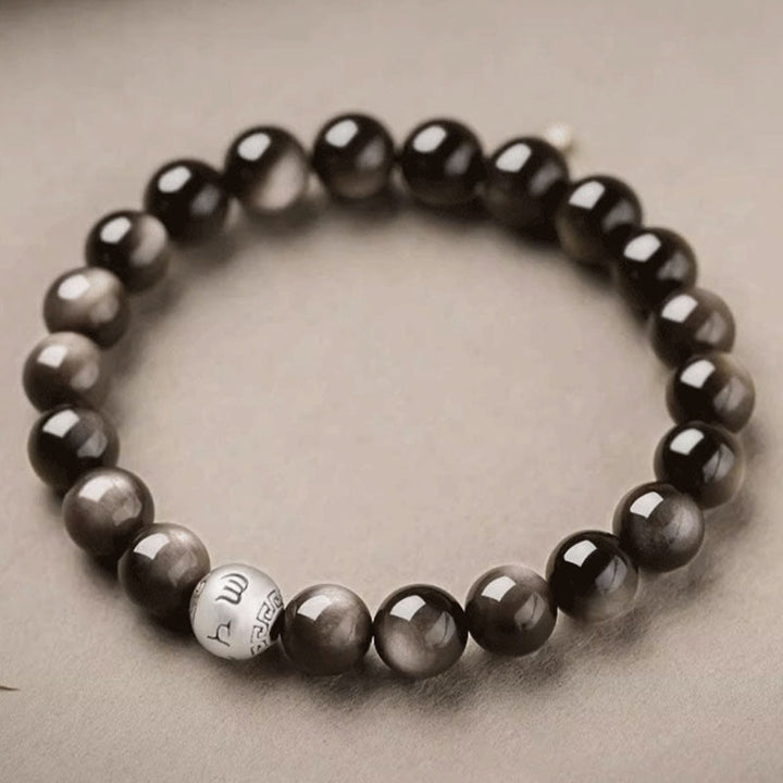 Buddha Stones Natuurlijke zilverglans obsidiaan Om Mani Padme Hum Armband - image 2