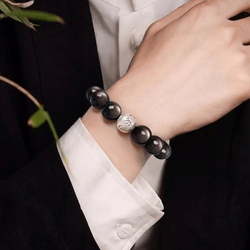 Buddha Stones Natuurlijke zilverglans obsidiaan Om Mani Padme Hum Armband - image 11