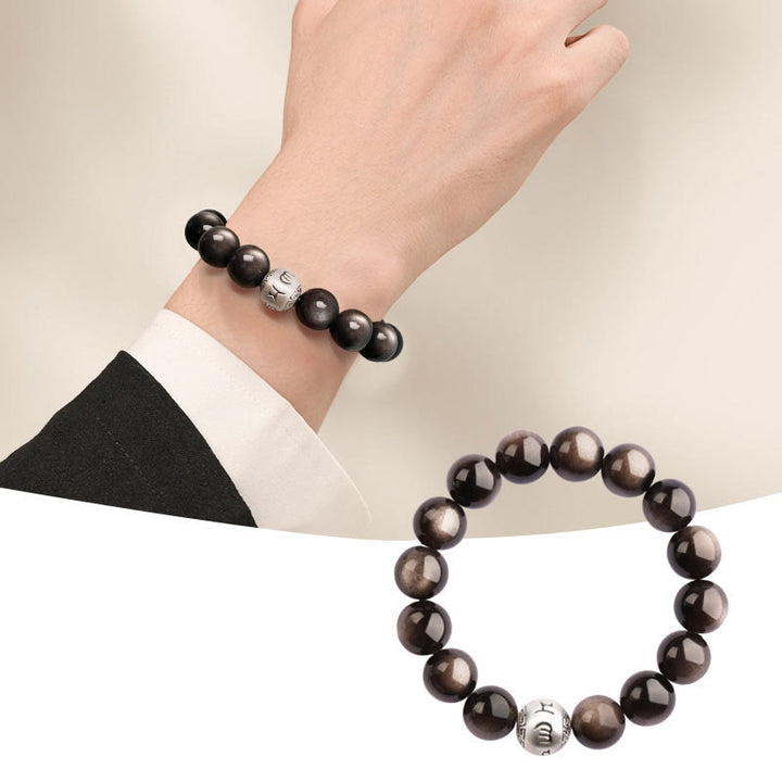 Buddha Stones Natuurlijke zilverglans obsidiaan Om Mani Padme Hum Armband - 12mm - image 10