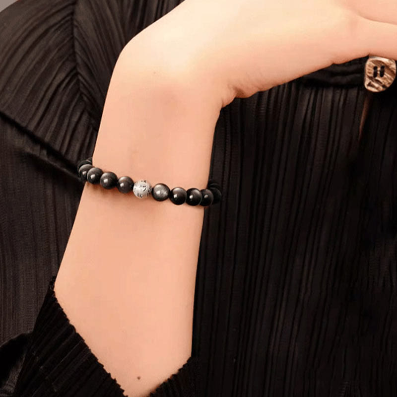 Buddha Stones Natuurlijke zilverglans obsidiaan Om Mani Padme Hum Armband - image 3