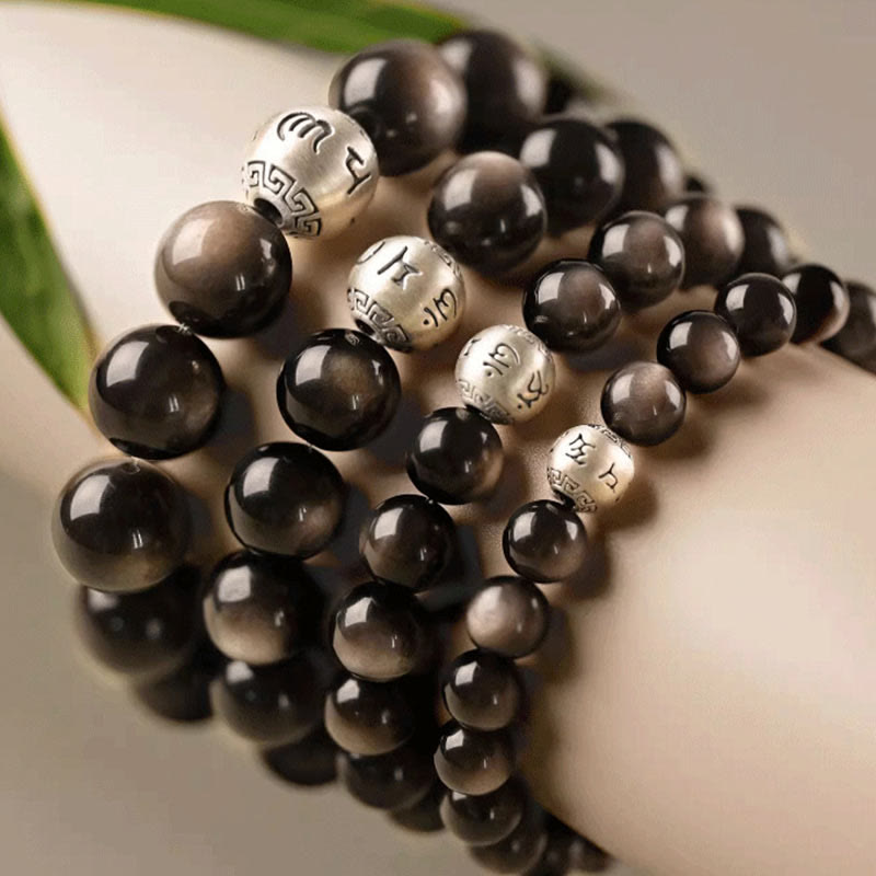 Buddha Stones Natuurlijke zilverglans obsidiaan Om Mani Padme Hum Armband - image 15