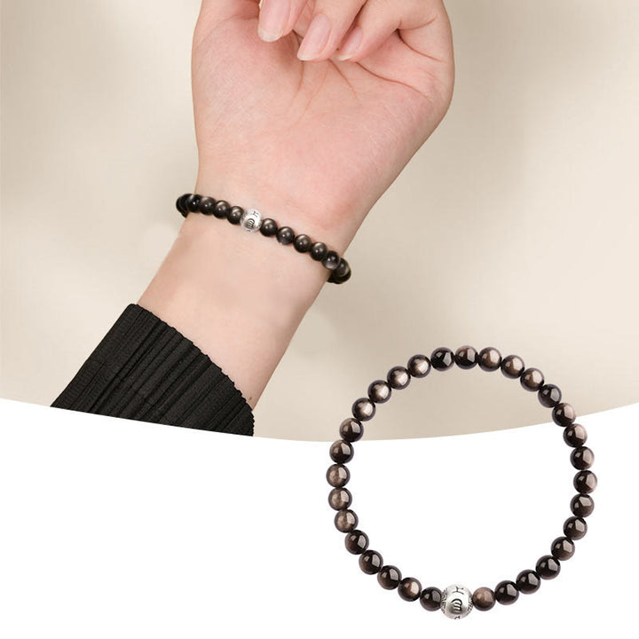 Buddha Stones Natuurlijke zilverglans obsidiaan Om Mani Padme Hum Armband - image 1