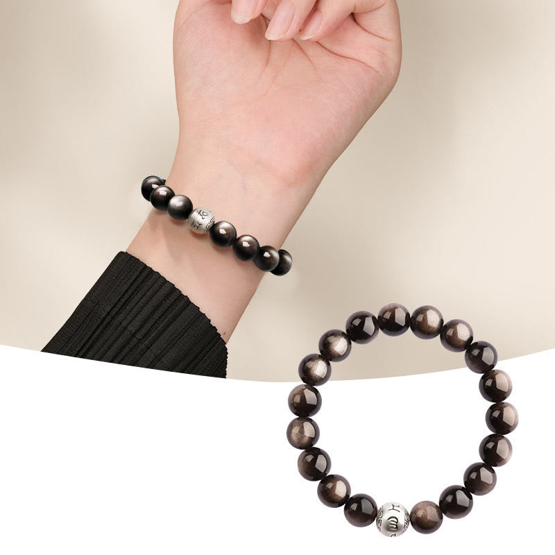 Buddha Stones Natuurlijke zilverglans obsidiaan Om Mani Padme Hum Armband - 10mm - image 9