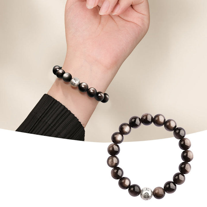Buddha Stones Natuurlijke zilverglans obsidiaan Om Mani Padme Hum Armband - 10mm - image 9