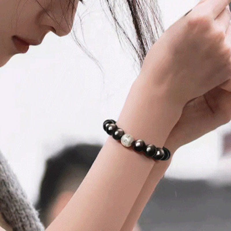 Buddha Stones Natuurlijke zilverglans obsidiaan Om Mani Padme Hum Armband - image 13