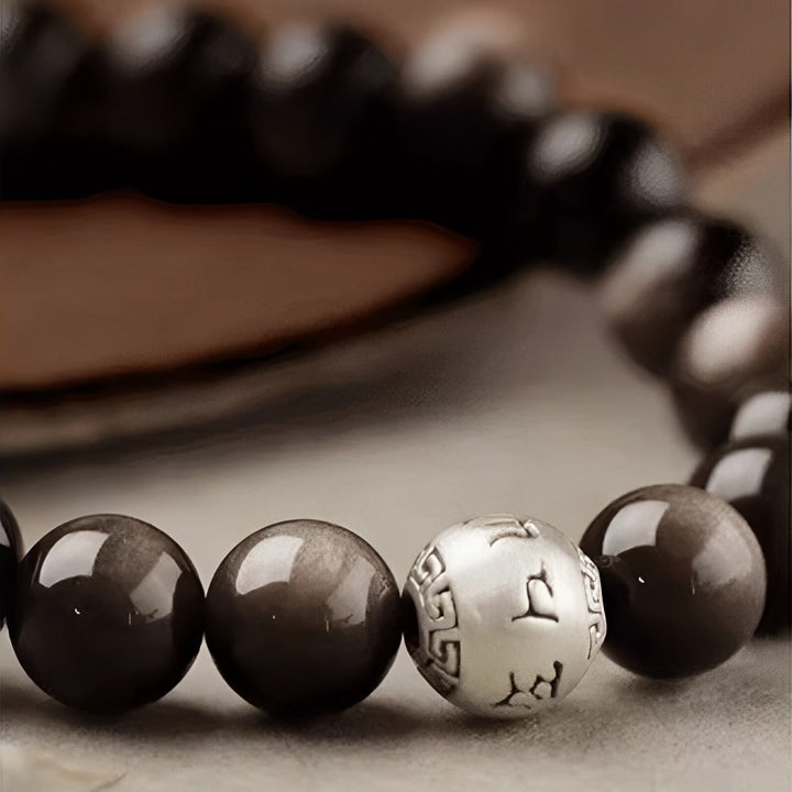 Buddha Stones Natuurlijke zilverglans obsidiaan Om Mani Padme Hum Armband - image 19