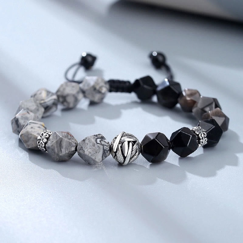 Buddha Stones Armband met natuurlijke, onregelmatig geslepen obsidiaan, grijze jaspis en 925 sterling zilveren rolkraal in de vorm van een blad. - Obsidiaan & Grijze Jaspis - 10 mm - image 0
