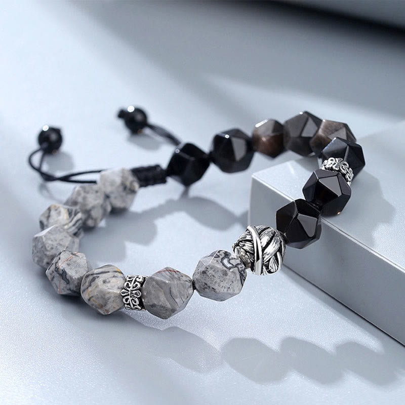 Buddha Stones Armband met natuurlijke, onregelmatig geslepen obsidiaan, grijze jaspis en 925 sterling zilveren rolkraal in de vorm van een blad. - image 1
