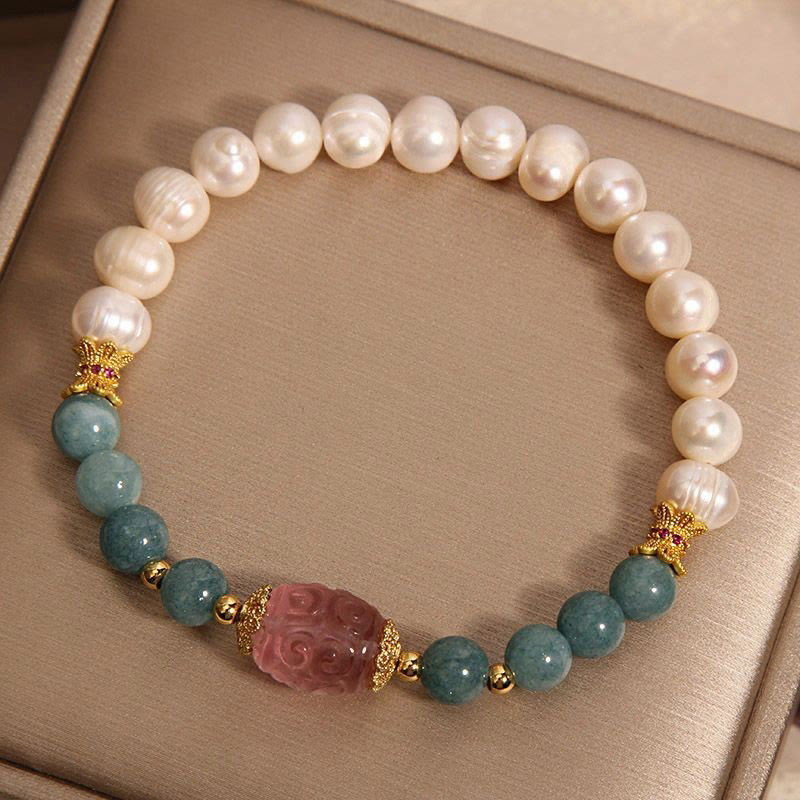 Buddha Stones Parel Jade Aardbeikwarts Armband - Parel &amp; Jade (Polsomtrek: 14-16 cm) - image 0