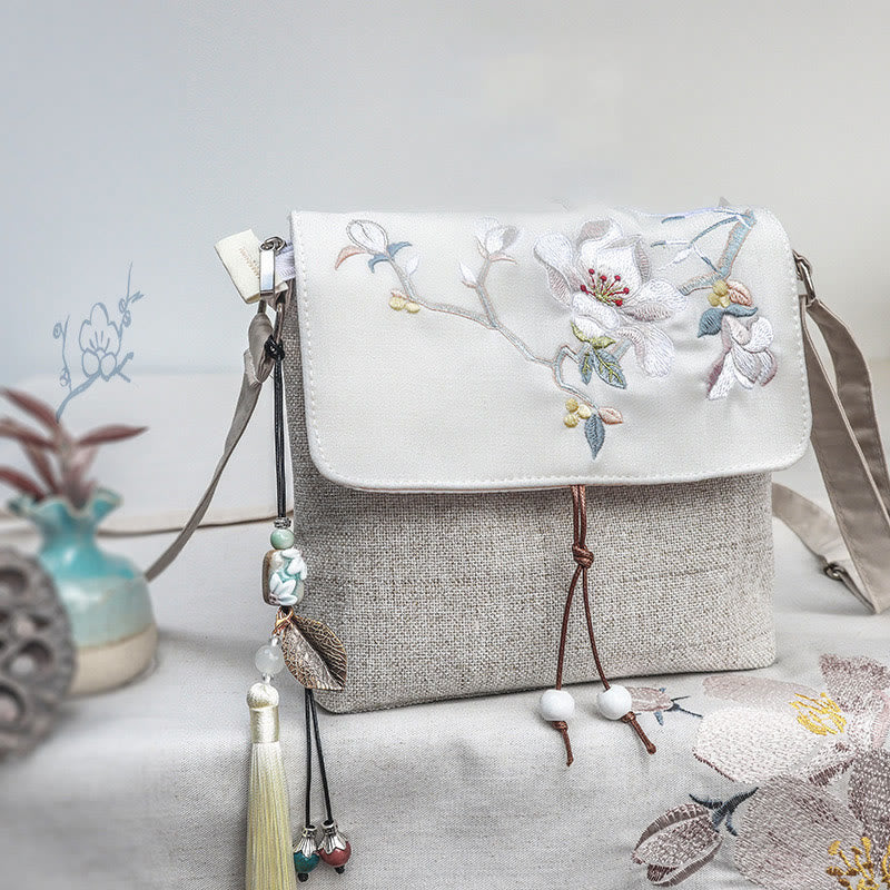 Buddha Stones Handgemaakte Rugzak van polyester canvas met geborduurd magnolia-motief en grote capaciteit. - Magnolia - image 0