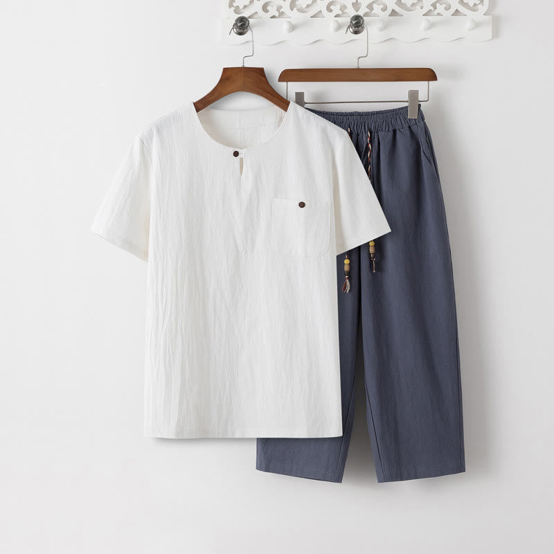 Buddha Stones Zomerse 2-delige set bestaande uit een effen T-shirt met Korte mouw (maat 7-8) en een Lengte broek van katoen-linnen, geschikt voor meditatie, met Zakken. - Wit T-shirt en leigrijze broek - US/UK/AU46, EU56 (5XL) - image 0