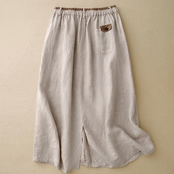 Buddha Stones Vintage casual, effen damesrok van katoen/linnen met zijsplit, elastische Taille en Zakken. - image 1