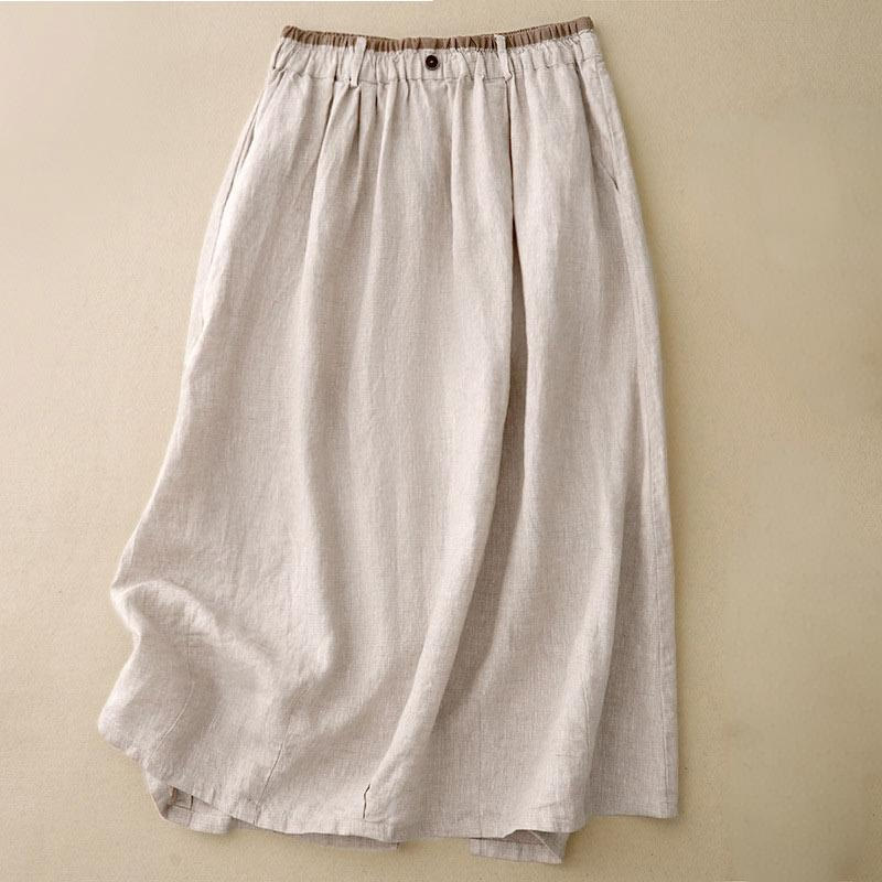 Buddha Stones Vintage casual, effen damesrok van katoen/linnen met zijsplit, elastische Taille en Zakken. - Beige - US8-10，UK/AU12-14，EU40-42 (2XL) - image 0