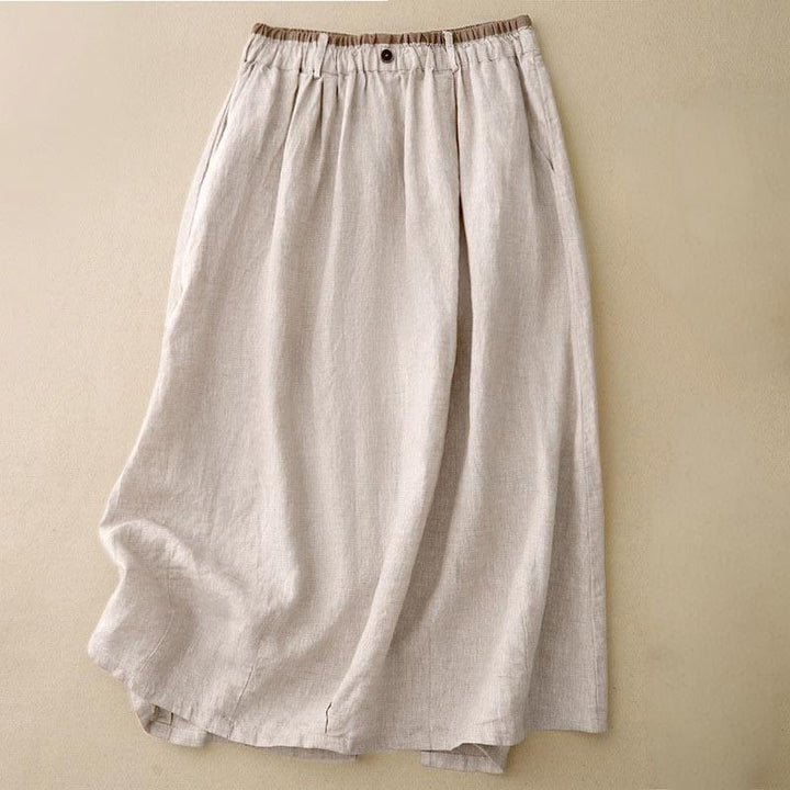 Buddha Stones Vintage casual, effen damesrok van katoen/linnen met zijsplit, elastische Taille en Zakken. - Beige - US8-10，UK/AU12-14，EU40-42 (2XL) - image 0