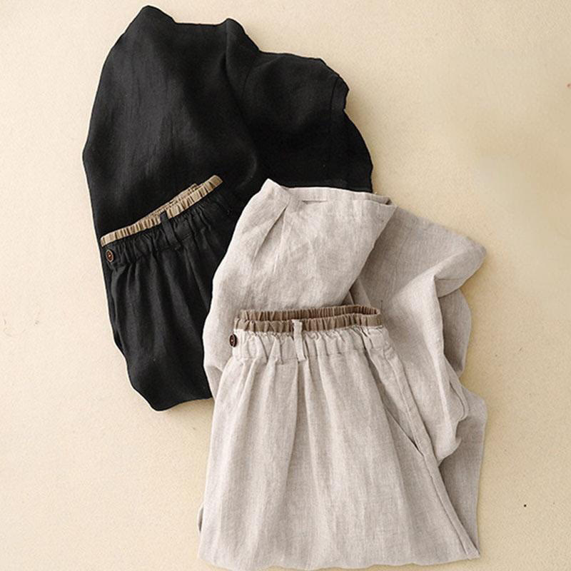 Buddha Stones Vintage casual, effen damesrok van katoen/linnen met zijsplit, elastische Taille en Zakken. - image 16
