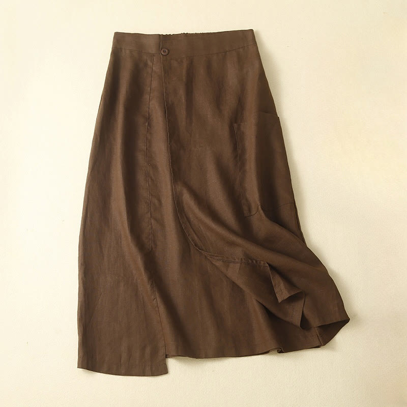 Buddha Stones Vintage zomerse asymmetrische katoenen linnen rok met hoge Taille en Zakken voor dames. - Zadelbruin - US8-10，UK/AU12-14，EU40-42 (2XL) - image 0