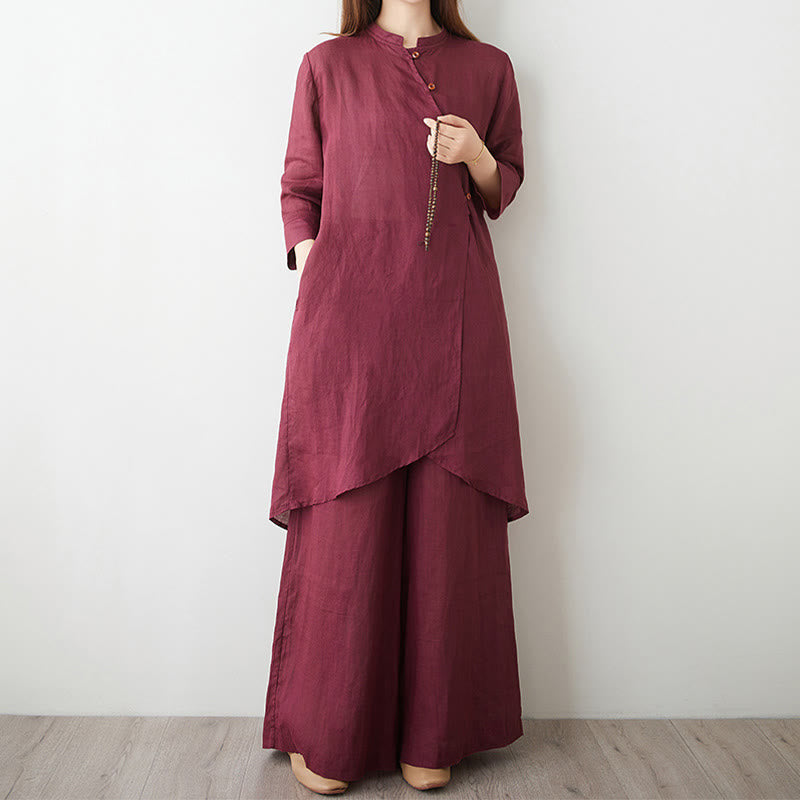 Buddha Stones 2-delige set bestaande uit een shirt, top en broek met driekwartmouwen, geschikt voor meditatie, zen, tai chi en dames. Gemaakt van katoen en linnen. - Indisch Rood - US8-10，UK/AU12-14，EU40-42 (2XL) - image 0