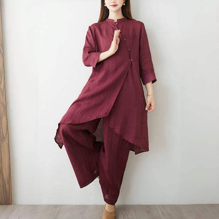 Buddha Stones 2-delige set bestaande uit een shirt, top en broek met driekwartmouwen, geschikt voor meditatie, zen, tai chi en dames. Gemaakt van katoen en linnen. - image 1